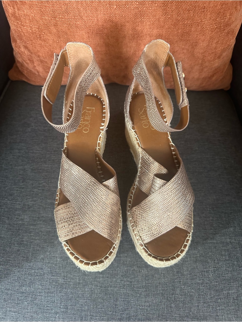 Franco Sarto Rose Gold Wedge Espadrille Sandals with Ankle Strap